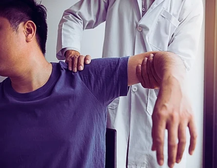 Physical therapists press to the patient shoulder check for pain.