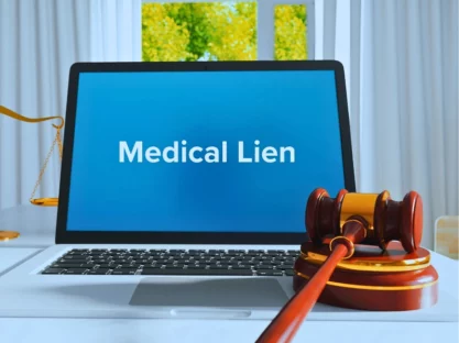 A gavel and a laptop with the text "Medical Lien" on it's screen.