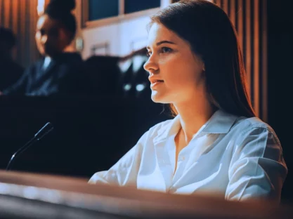 A beautiful woman on white shirt giving her testimony.