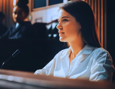 A beautiful woman on white shirt giving her testimony.