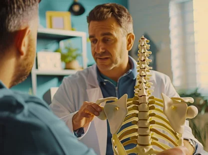 Chiropractor examining skeleton model and discussing with the patient.
