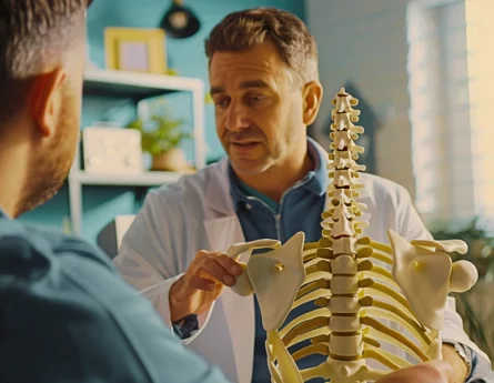 Chiropractor examining skeleton model and discussing with the patient.