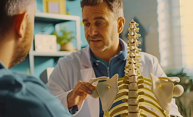 Common Mistakes Chiropractors Make When Treating Car Accident Patients 1 Chiropractor examining skeleton model and discussing with the patient.