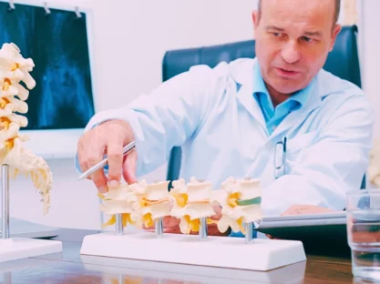 Doctor explaining various spine diseases by the example of plastic models.