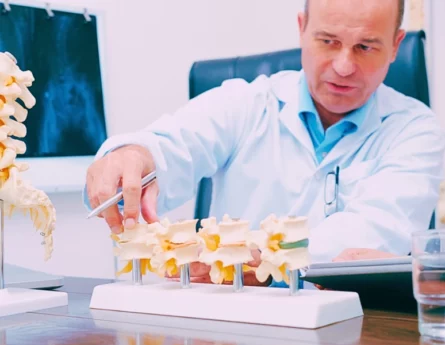 Doctor explaining various spine diseases by the example of plastic models.