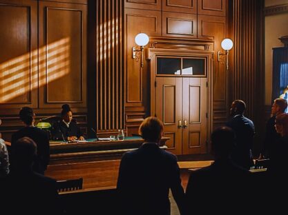 Court of Justice Trial: Impartial Judge is Sitting, Public Stands. Supreme Federal Court African- American Judge.