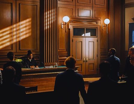 Court of Justice Trial: Impartial Judge is Sitting, Public Stands. Supreme Federal Court African- American Judge.