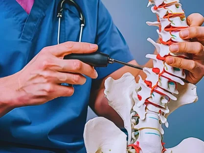 Chiropractor adjusting the spine plastic model.