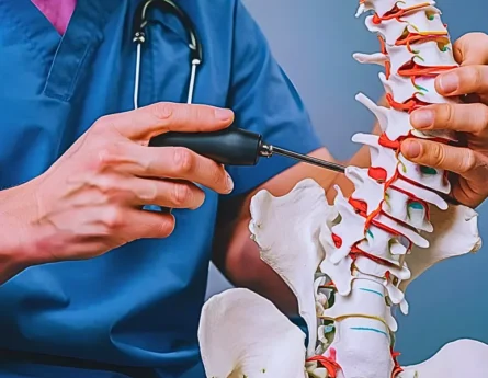 Chiropractor adjusting the spine plastic model.
