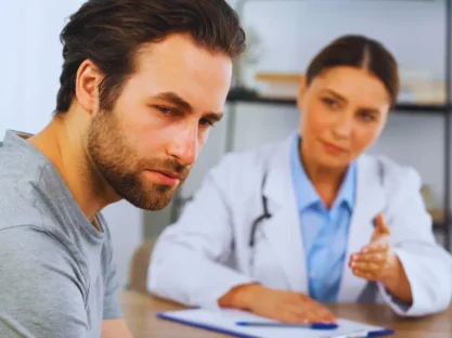 Female doctor talking to an upset man.