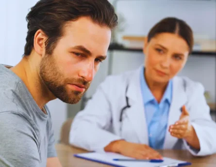 Female doctor talking to an upset man.