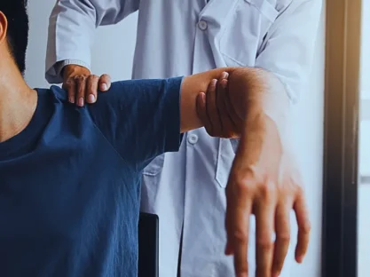 a physical therapy or medical rehabilitation session focused on shoulder mobility and function.