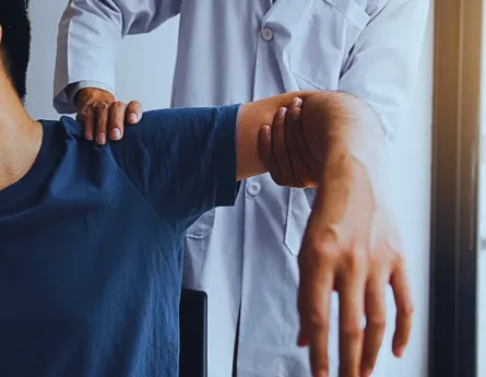 a physical therapy or medical rehabilitation session focused on shoulder mobility and function.