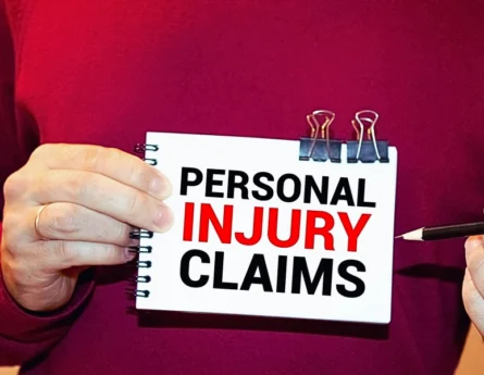 a person holding a notebook with the words "PERSONAL INJURY CLAIMS" written on it.