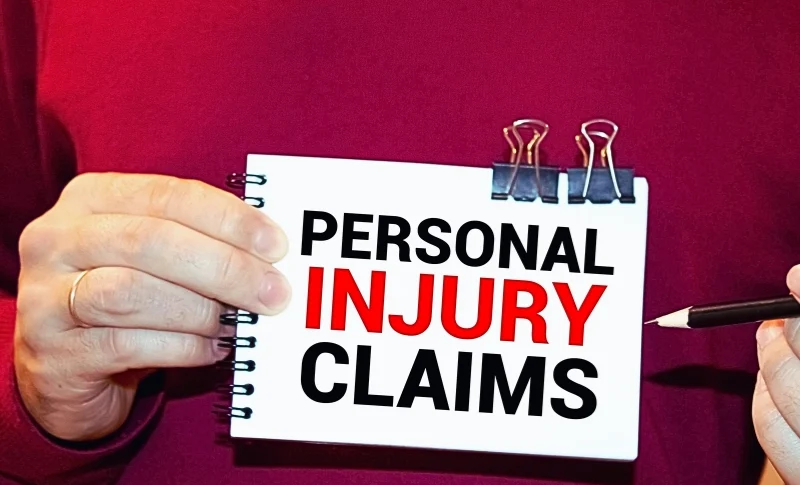 a person holding a notebook with the words "PERSONAL INJURY CLAIMS" written on it.