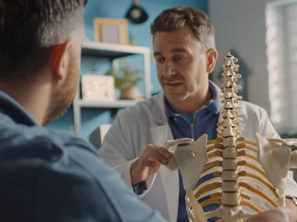 A medical professional explaining the human spine using a skeleton model.