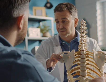 A medical professional explaining the human spine using a skeleton model.