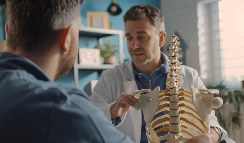 A medical professional explaining the human spine using a skeleton model.
