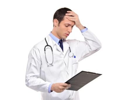 A male doctor who appears stressed or upset while looking at a clipboard.