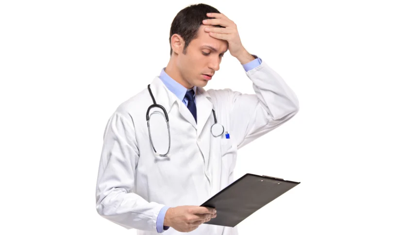 A male doctor who appears stressed or upset while looking at a clipboard.
